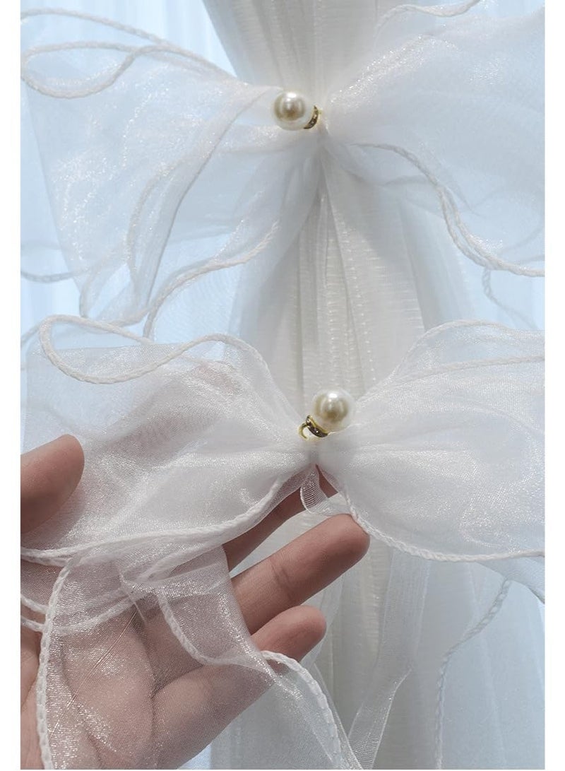 ChicAbode 2 Pcs Bow Curtain Tiebacks with Pearls, Butterfly Lace Bowknot Curtain Holdbacks, Decorative Ribbon Drape Holders for Home and Wedding, White - Image 2